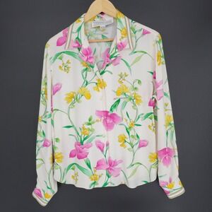Vintage Starington 100% Silk Floral Blouse Button Up 10 Spring Secretary 90s